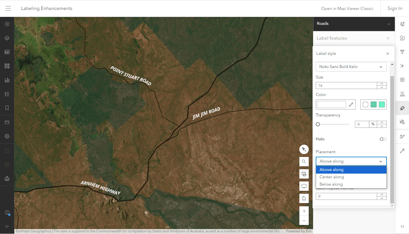 image shows labels placed above and along line features in the map.