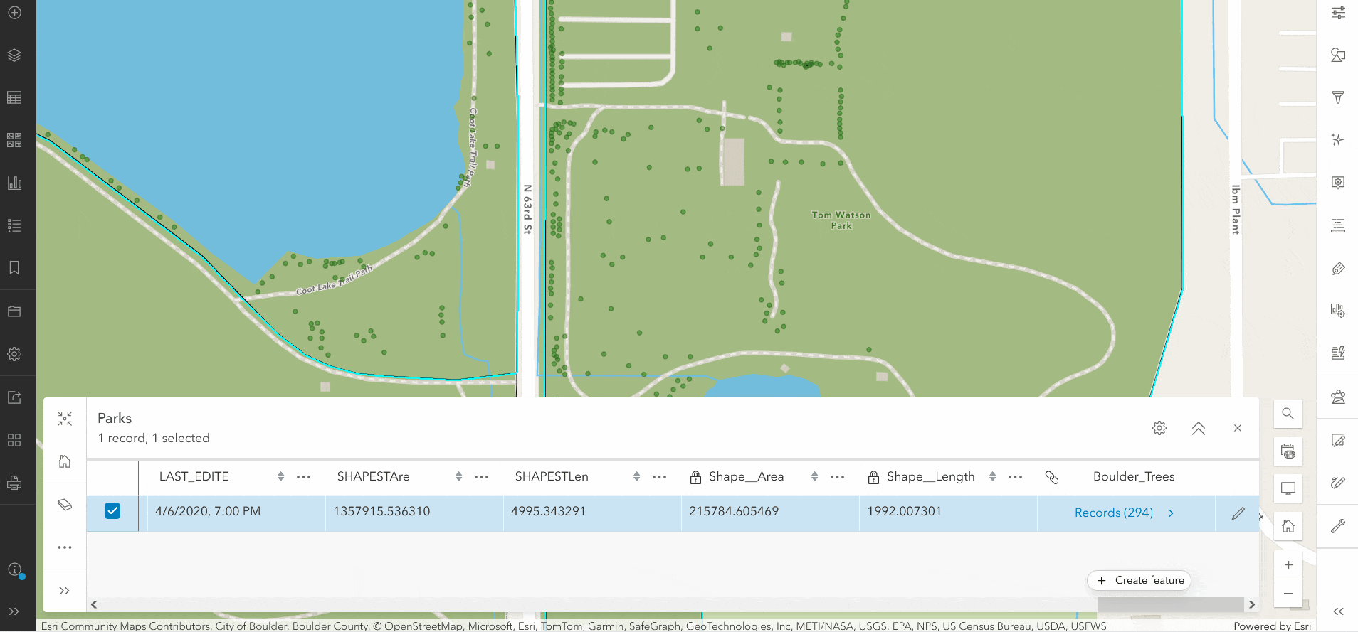 GIF demonstrating opening the attribute table and clicking on related records to view. In the table header, the user is also able to return to previous views using the “breadcrumbs.”