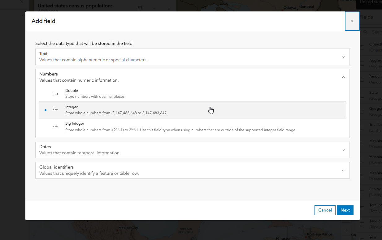 Add field page opens, with optional field types to select from.