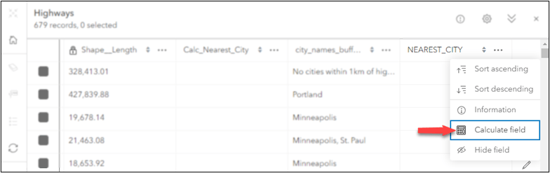 Open the field options menu in the attribute table to access calculate field.