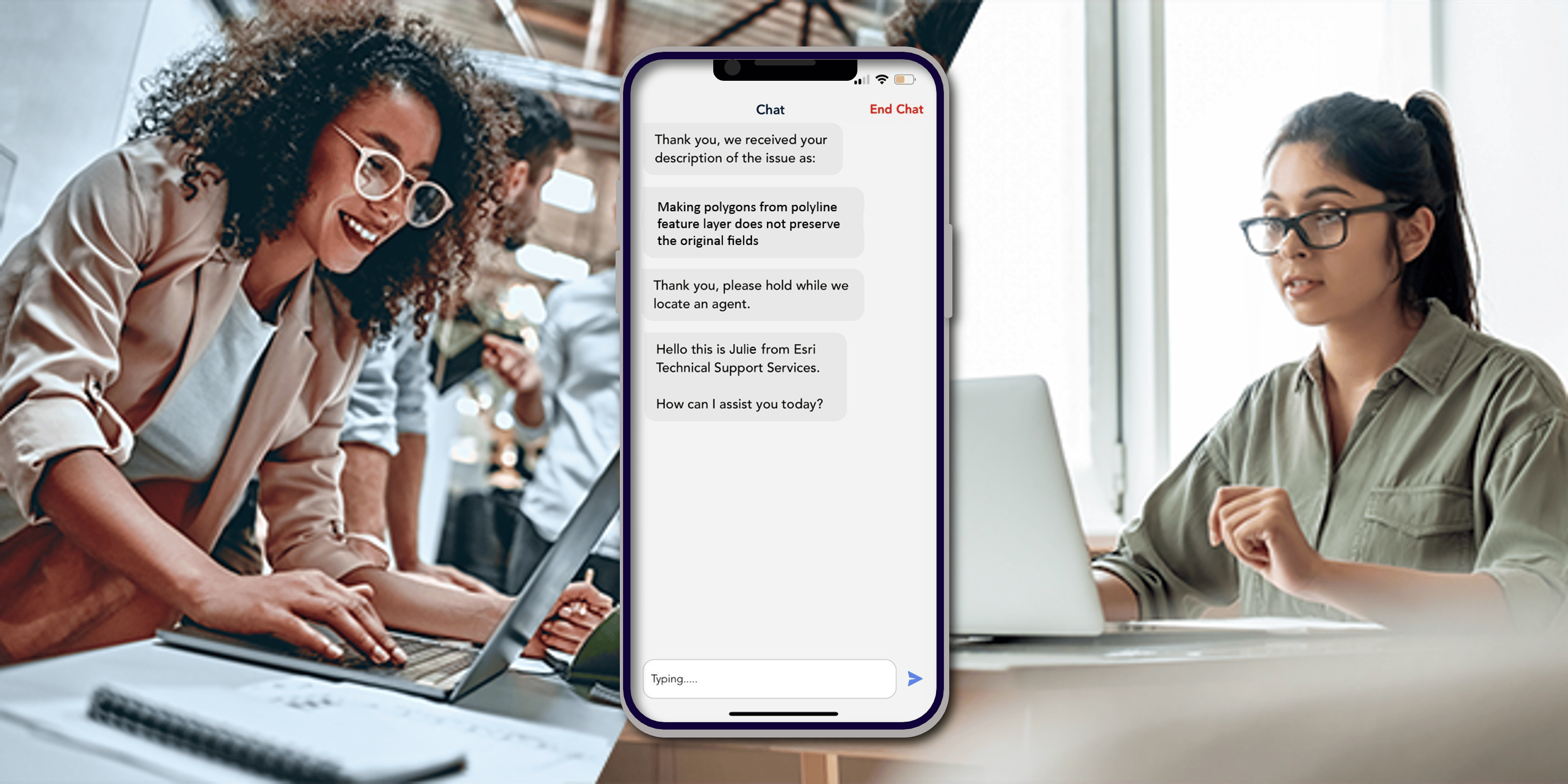 Two people on either side of the Esri Support app chat interface.