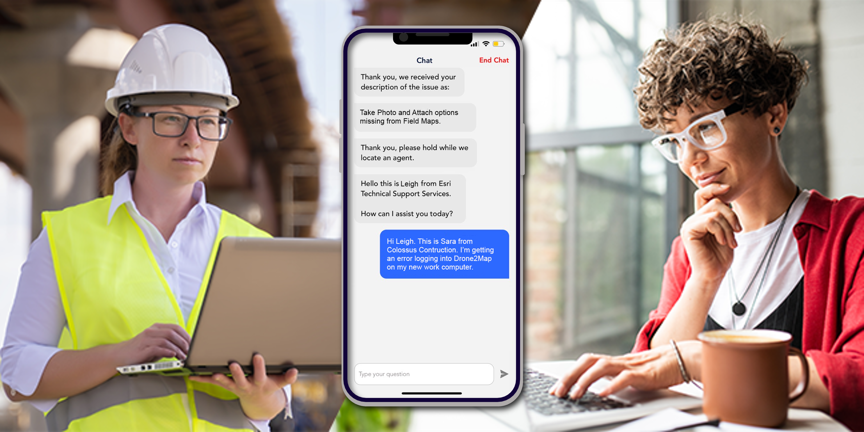 Two people on either side of the Esri Support app chat interface.