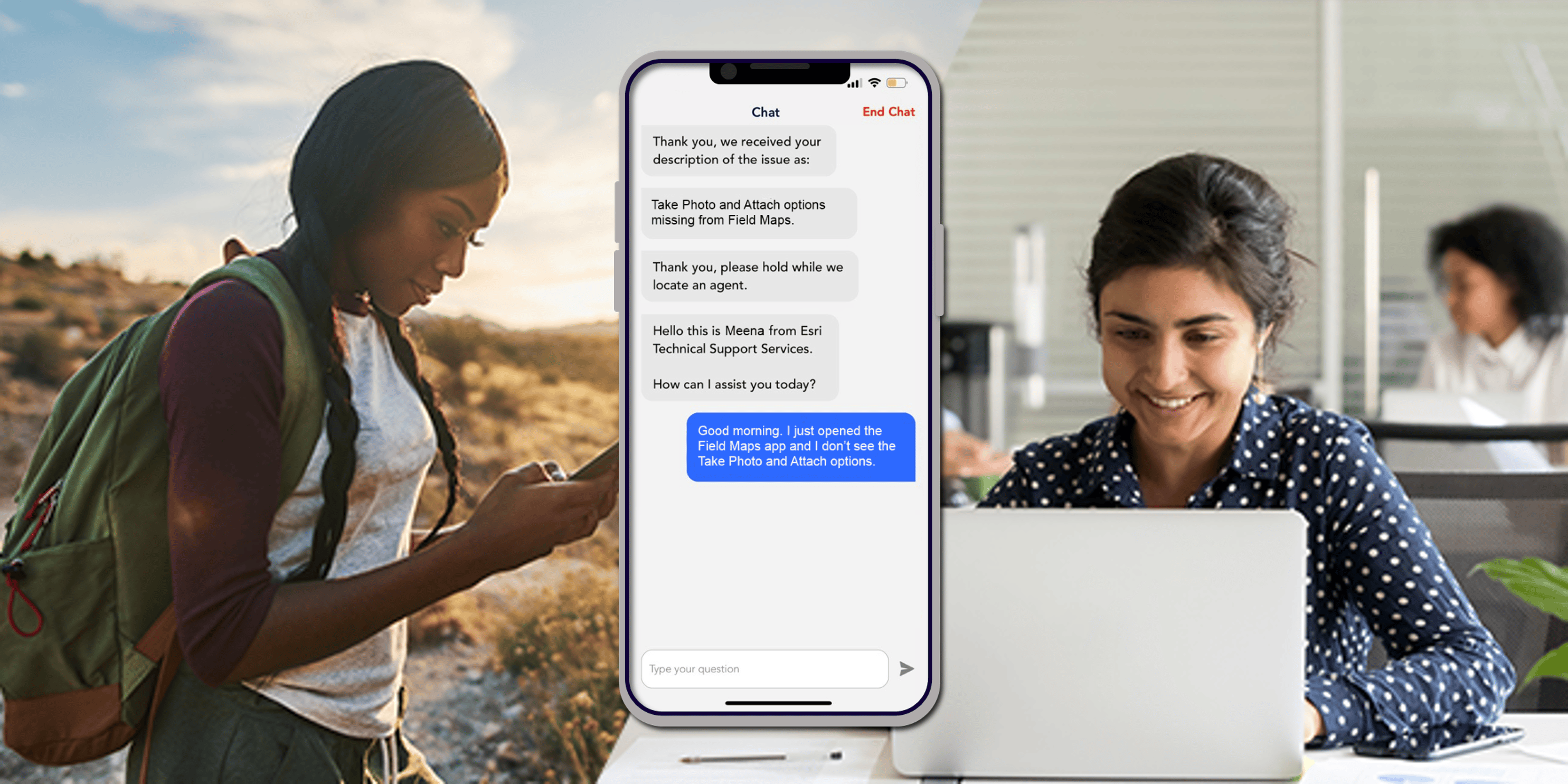 Two people on either side of the Esri Support app chat interface.