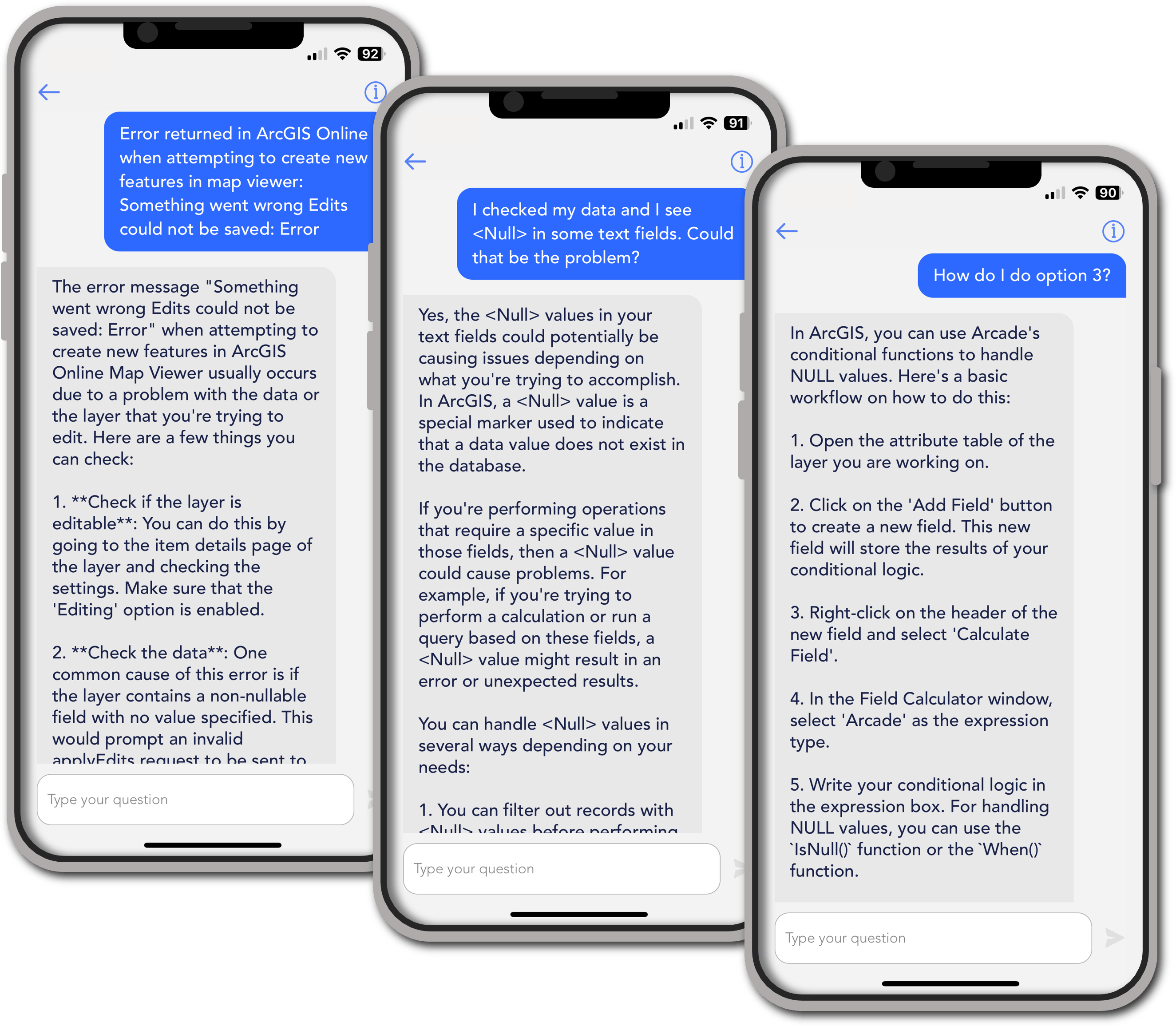 Three screens from the Esri Support AI Chatbot in conversational mode.