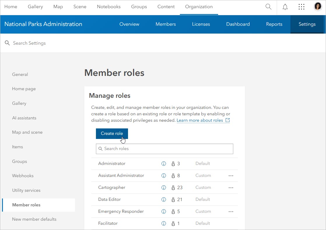 Member roles setting with Create role button indicated