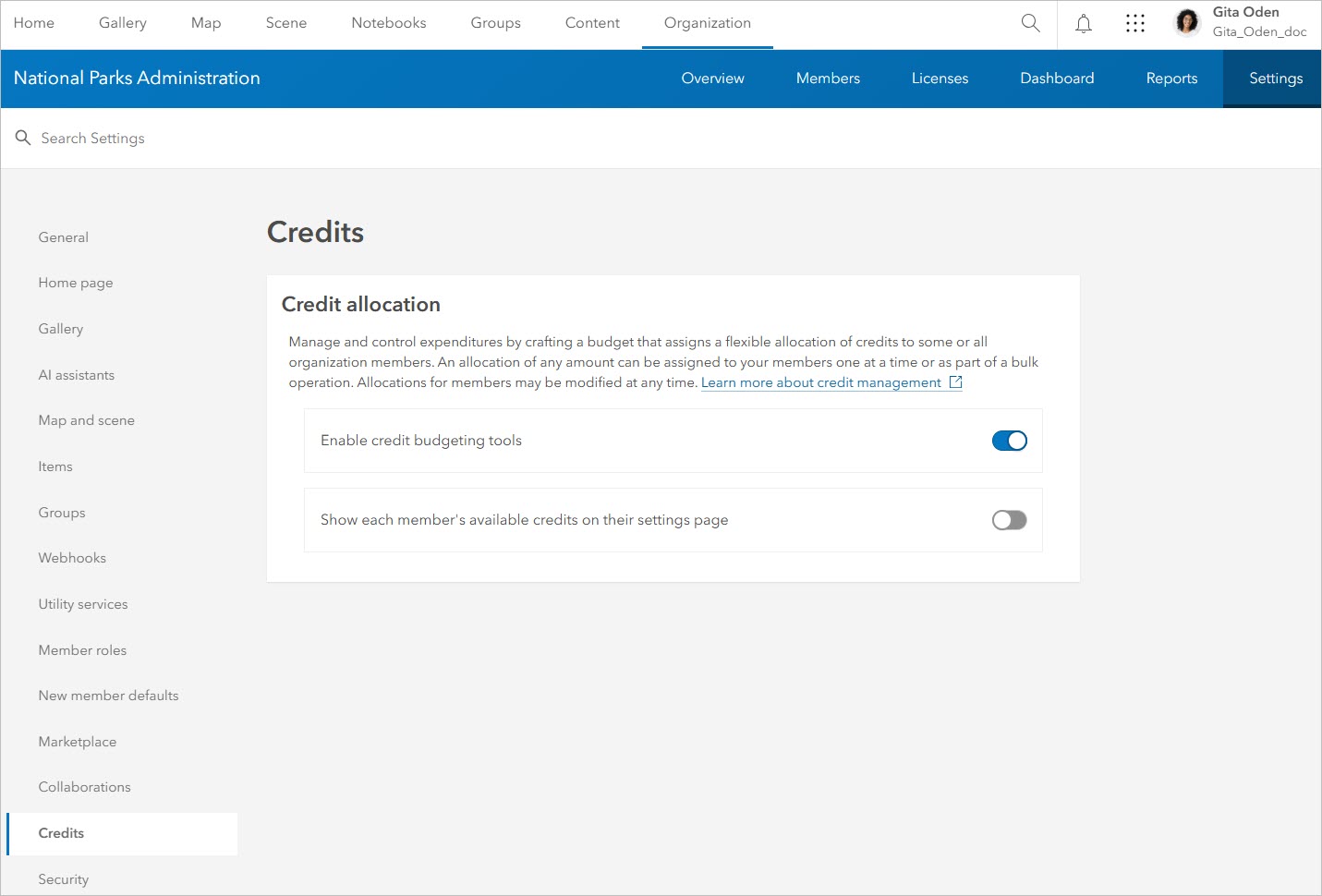 Credits setting with Enable credit budgeting tools toggle button turned on