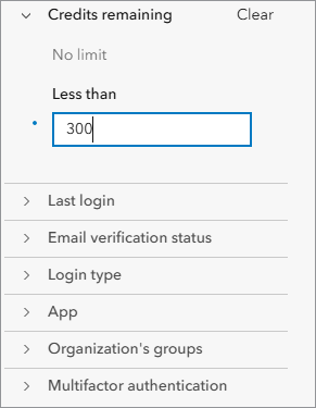 Credits remaining filter expanded with Less than 300 entered