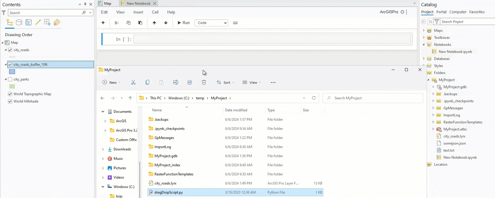 Drag and drop a file from file explorer to paste the contents, such as python code, to the notebook cell.