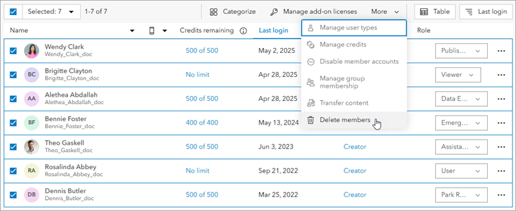 Interns list with members selected and Delete members option indicated in the More menu