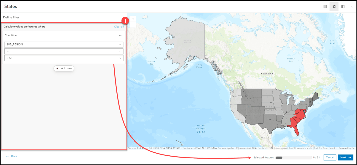 A calculation filter can be set to determine what subset of features recieve the calculated value.