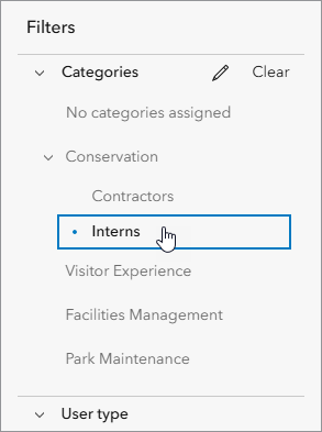 Filters pane with Categories filter expanded and Conservation > Interns selected