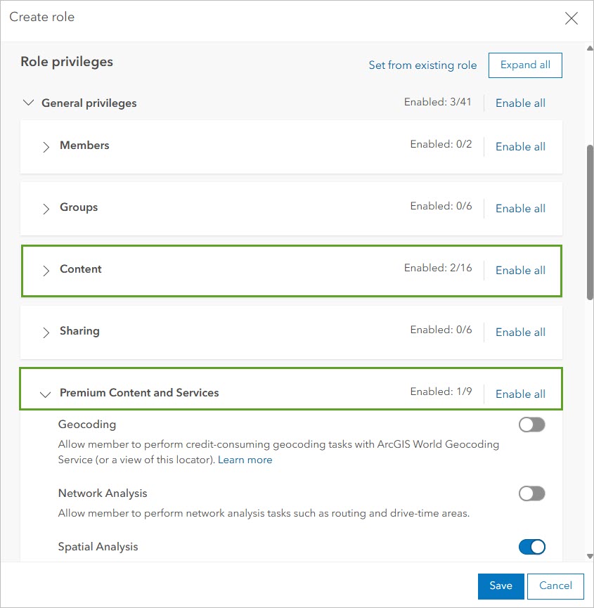 Create role window with General privileges section expanded and Content and Premium Content sections highlighted