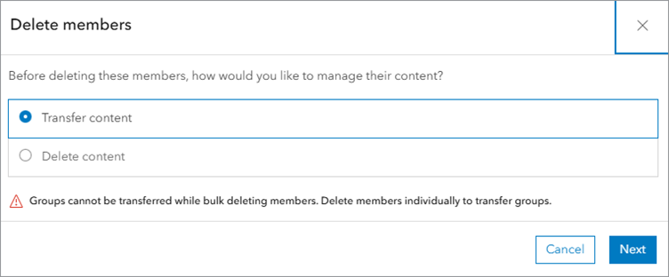 Delete members window with option to Transfer content selected