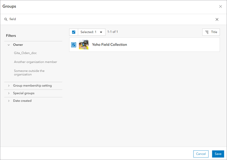 Assign groups window with search keyword “field” and Yoho Field Collection group selected