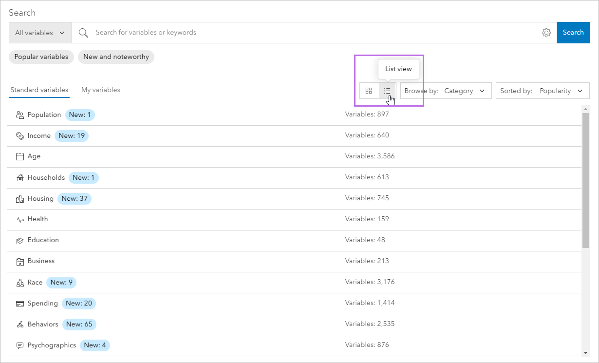 Data browser main page in list view
