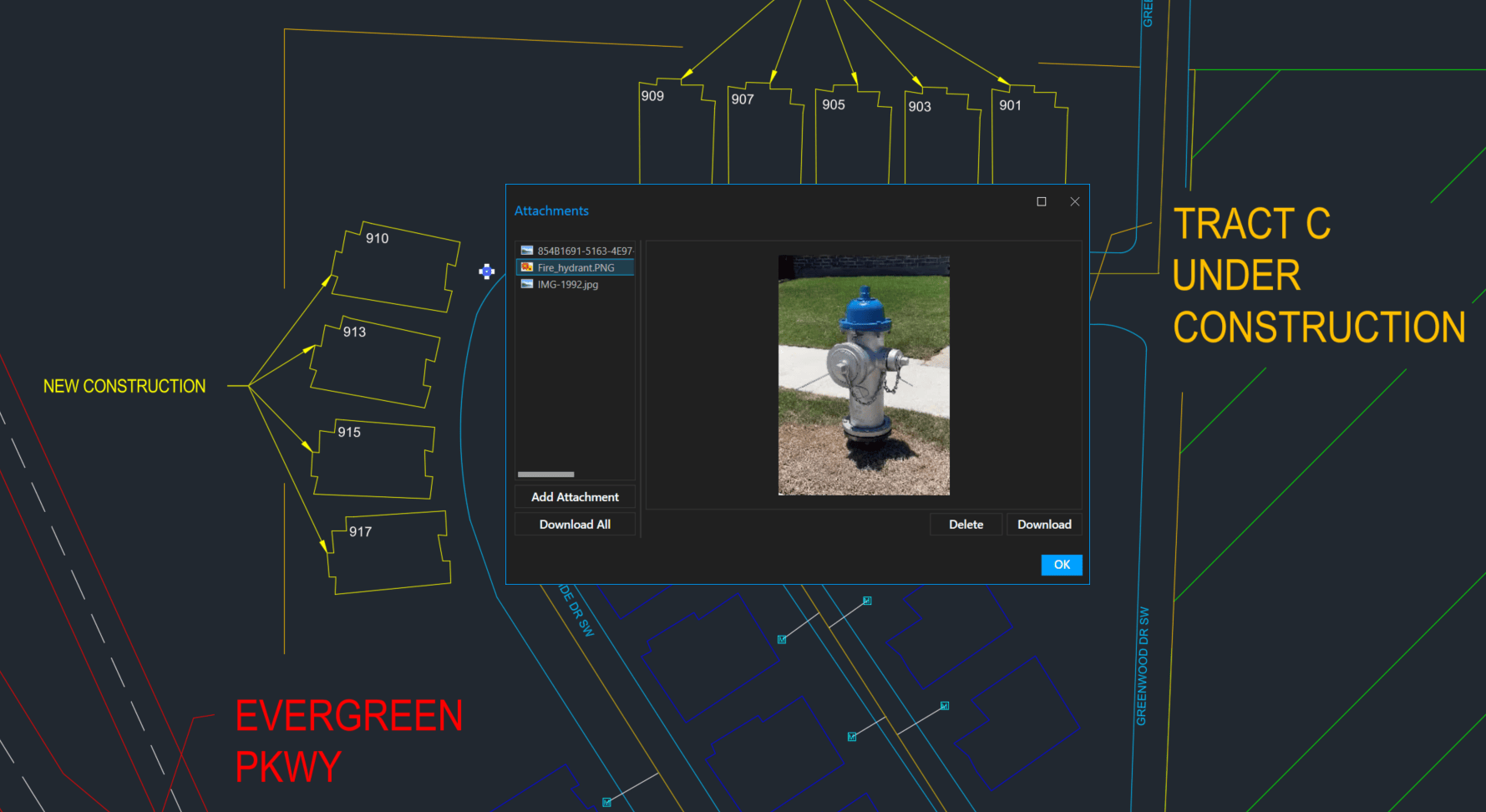 CAD linework for residential units in Tract C as well as dialog showing photo of fire hydrant found on the project site.