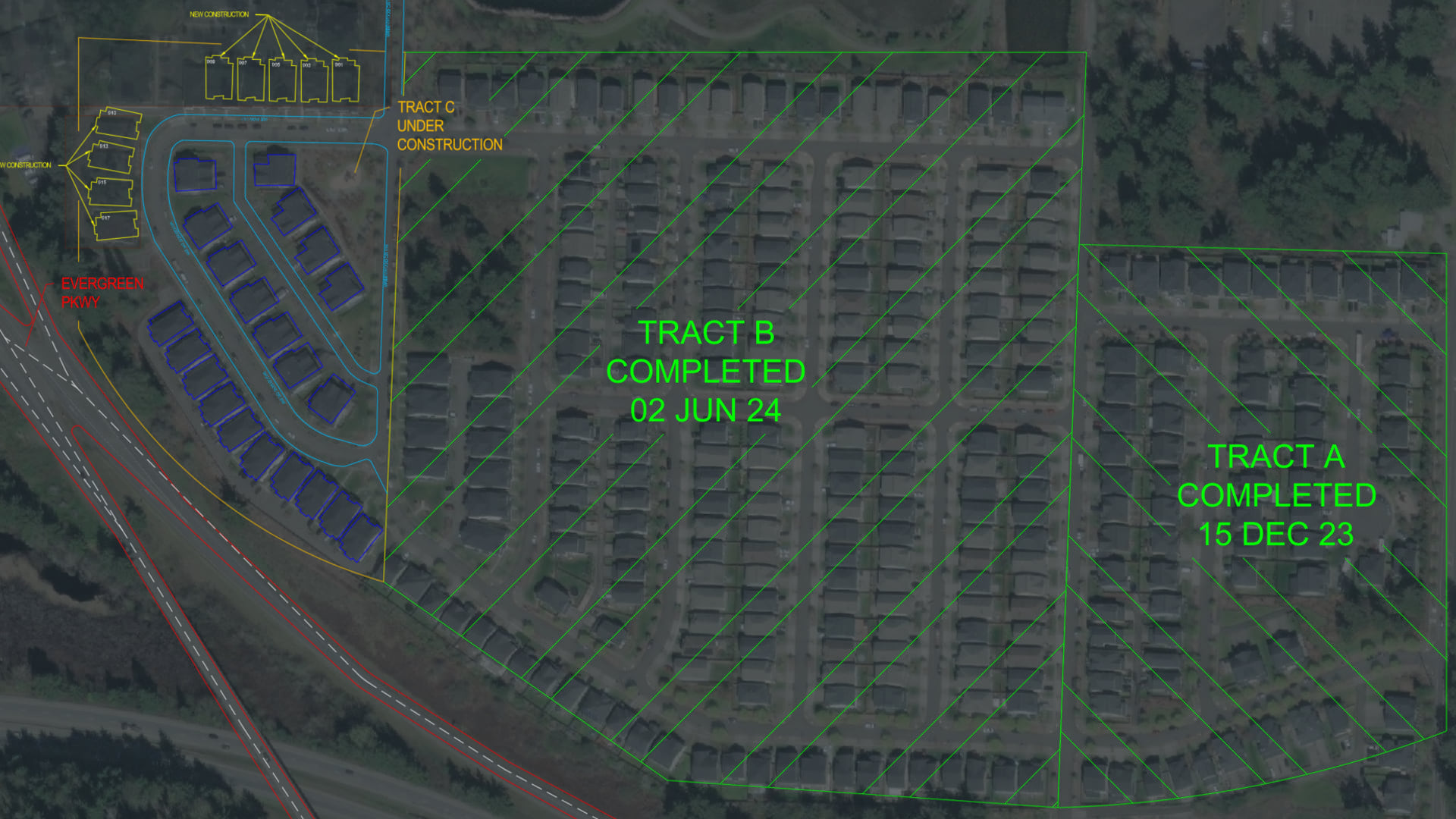 Overlay of map imagery and CAD linework for a partially completed residential project.