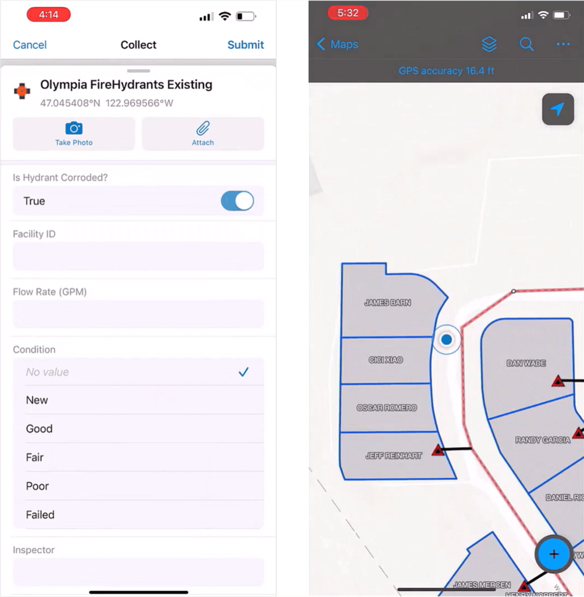 Screenshots of ArcGIS Field Maps app screens: form and in-map.
