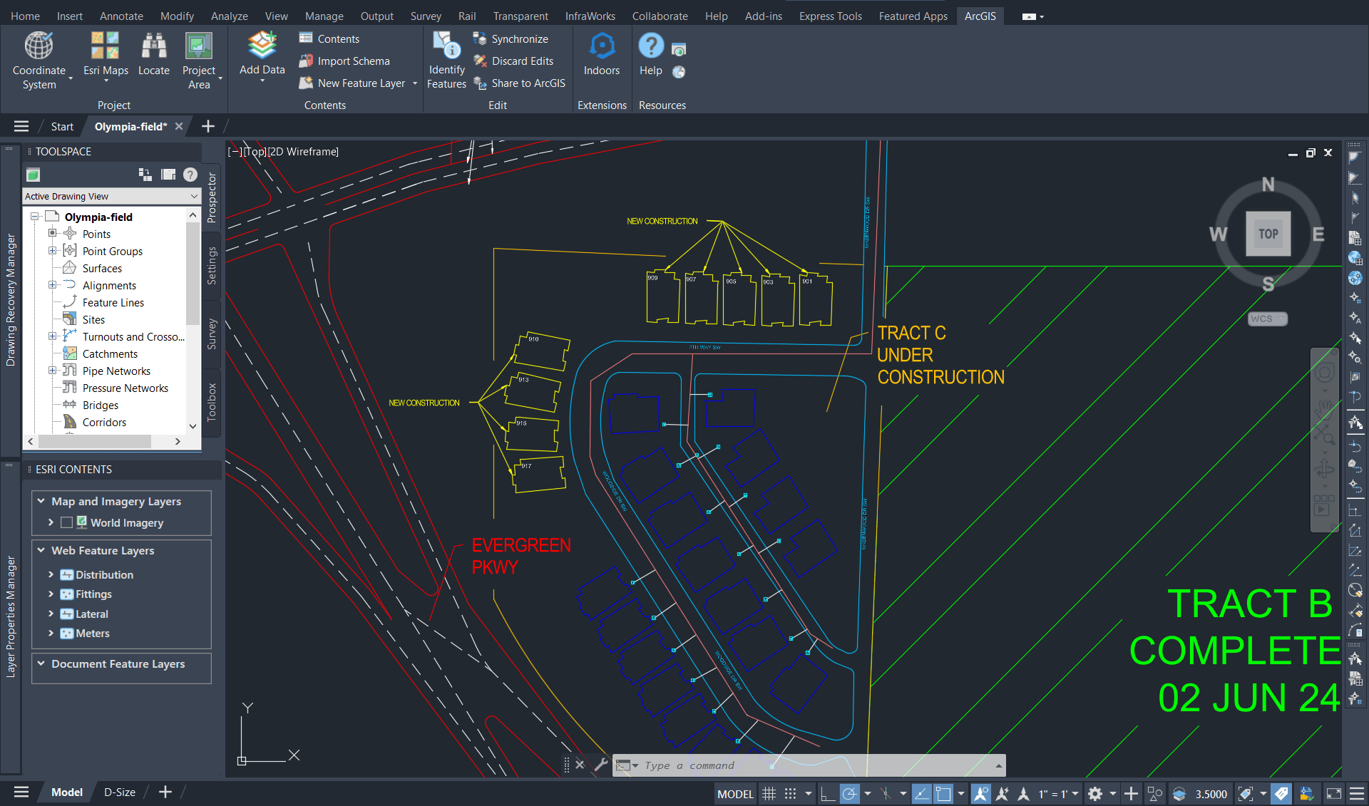 Screenshot of Civil 3D showing residential units in Tract C along with feature layers of water infrastructure.