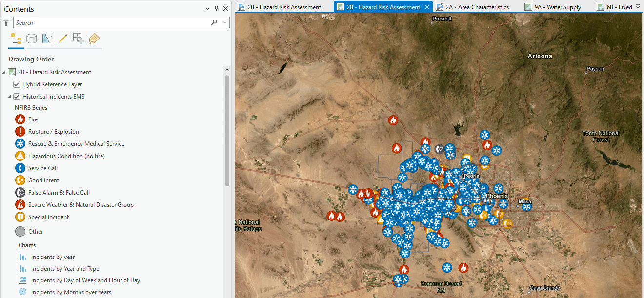 ArcGIS Pro project with a satellite map and blue, yellow, and red point data.