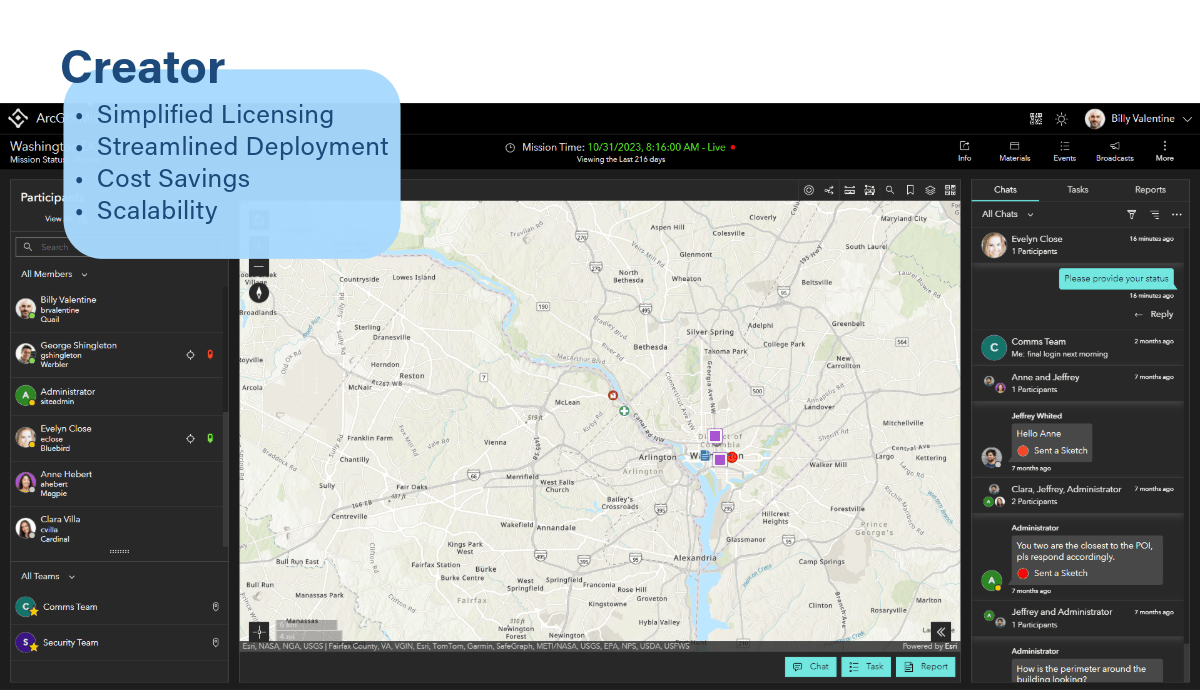 The image depicts a map with a dark overlay, pinpointing a cluster of locations. To the right, a chat interface is displayed, with a user and team directory on the left-hand side. At the bottom of the image, various action buttons are visible, such as "Chat," "Task," and "Report."