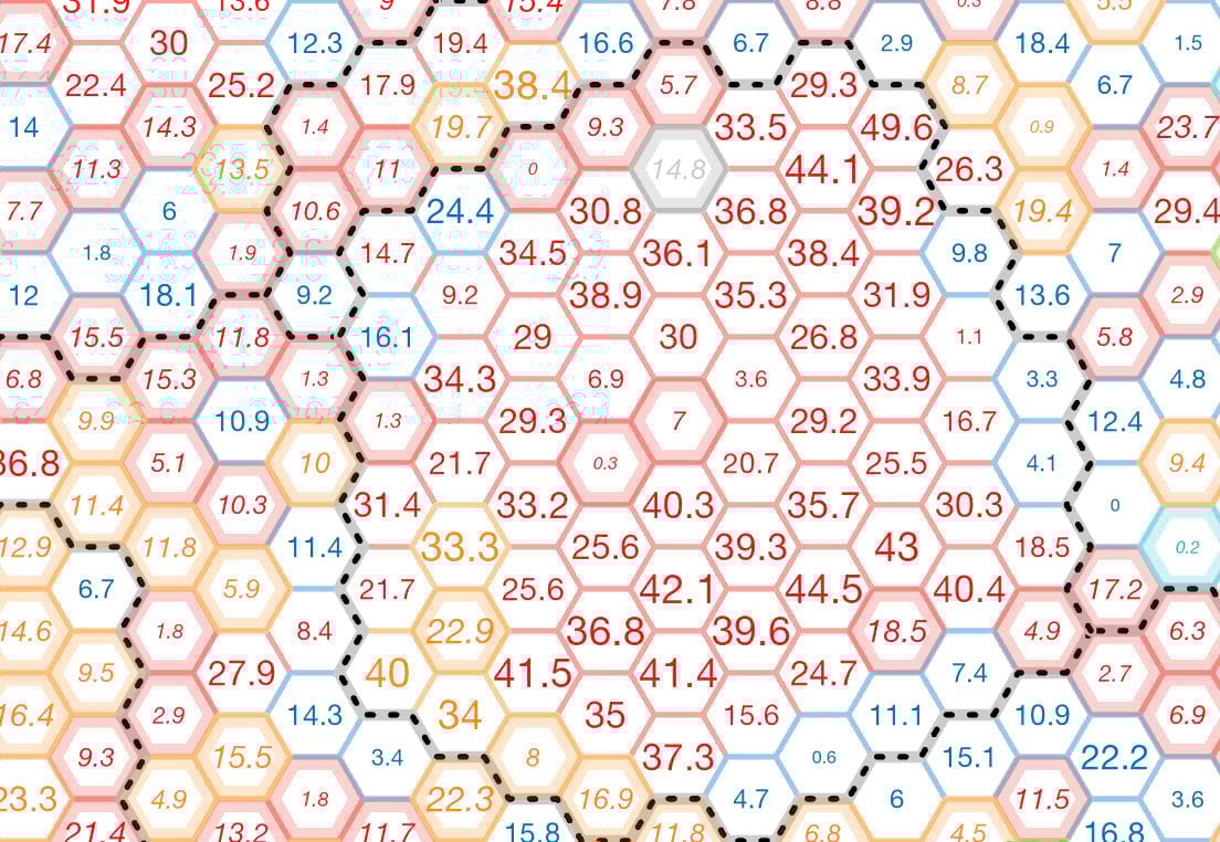 UK General Election result 2024 as a Unique Values gridded cartogram with labels (detail)