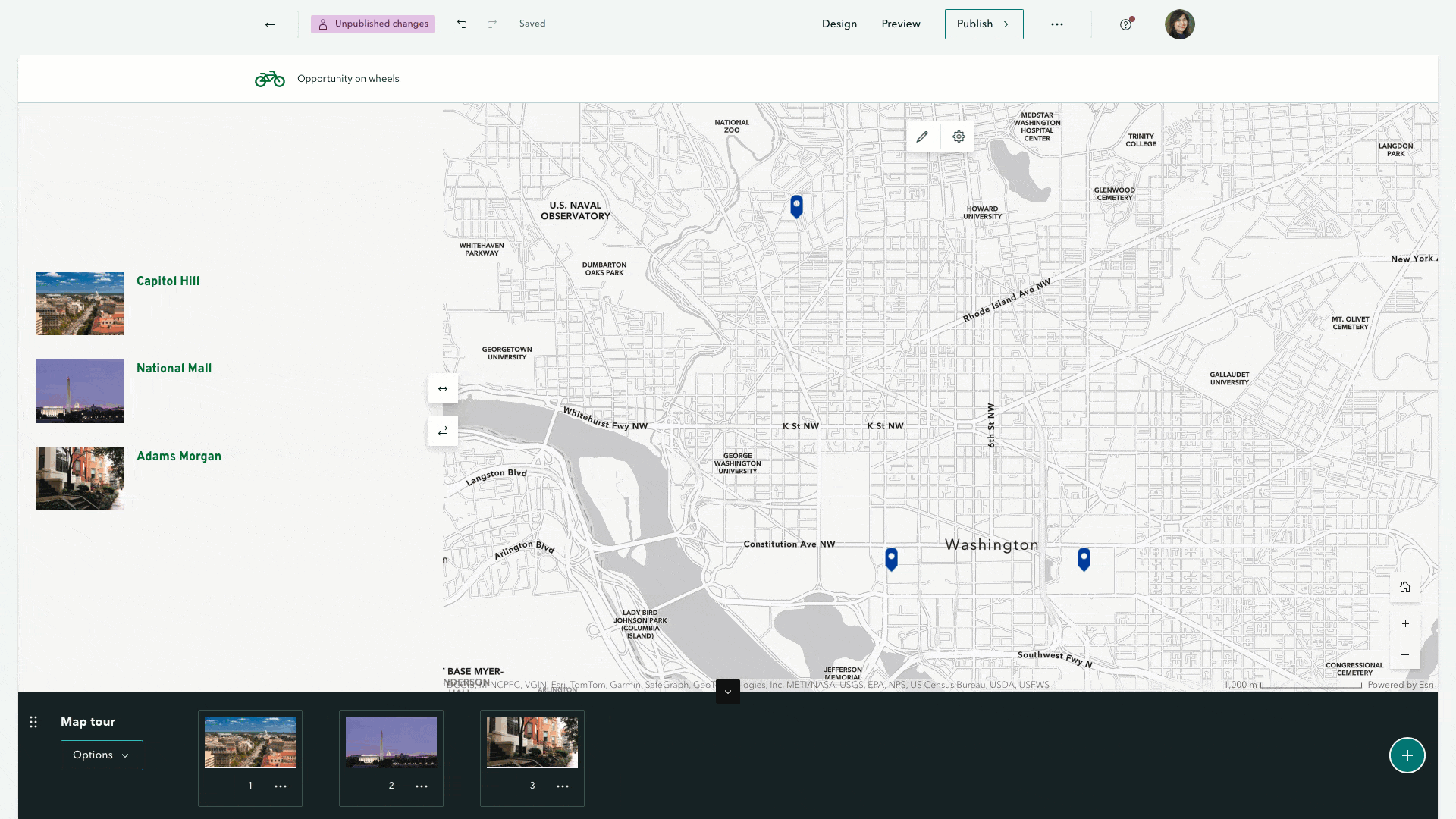 An animated screen recording depicting the tool tips for each point on a map tour in ArcGIS StoryMaps.