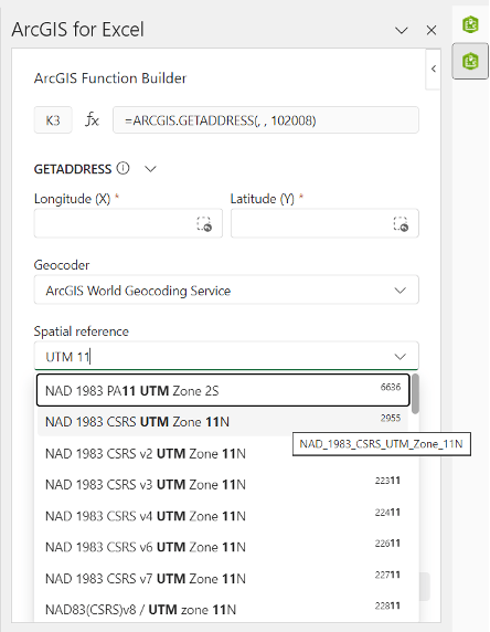 Screenshot of ArcGIS for Excel function builder