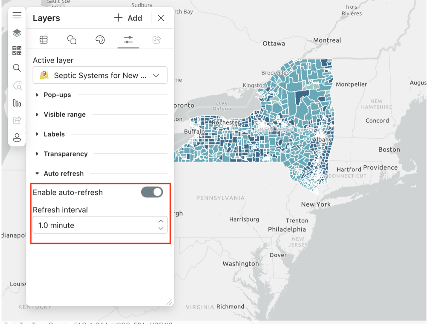 Screenshot of a map and it is showcasing the auto refresh feature.