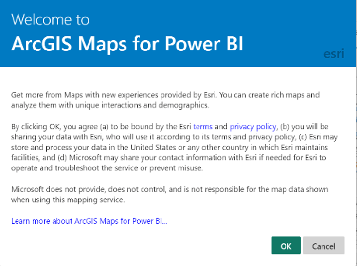 Screenshot of the welcome page for ArcGIS Maps for Power BI