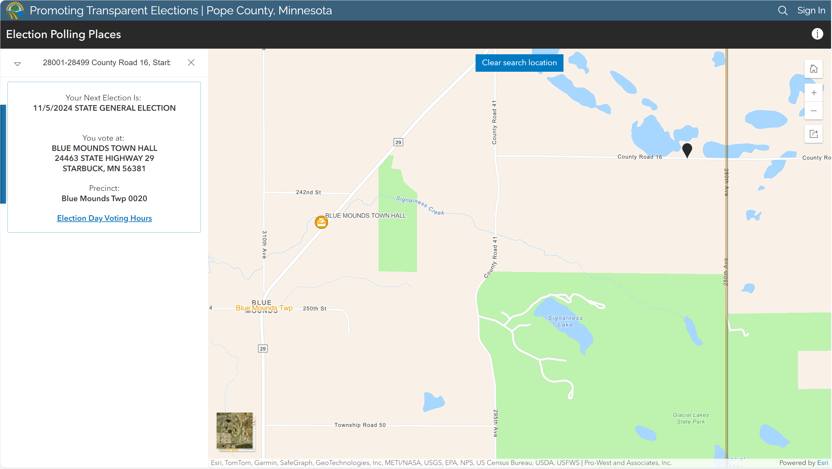 Map of Pope County, MN, with a black pin marking a spot on a road and voting place information in a panel on the left.