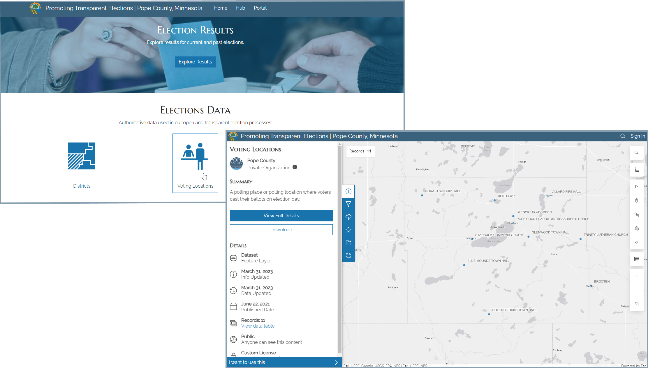 Election Results Hub site showing Elections Data section in the back left and a map and Voting Locations dataset information in the front right.