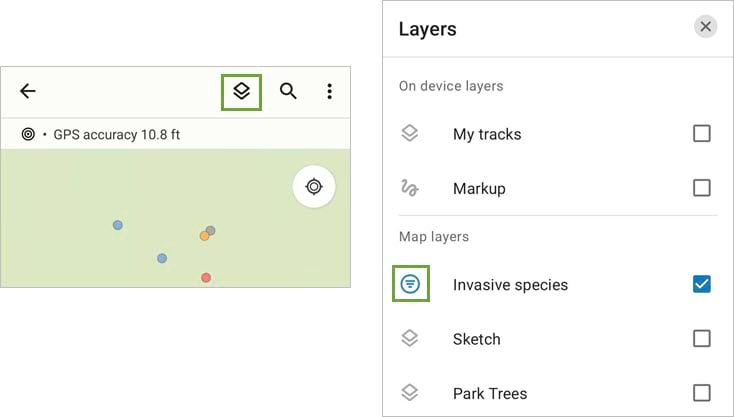 Layers button and filter button