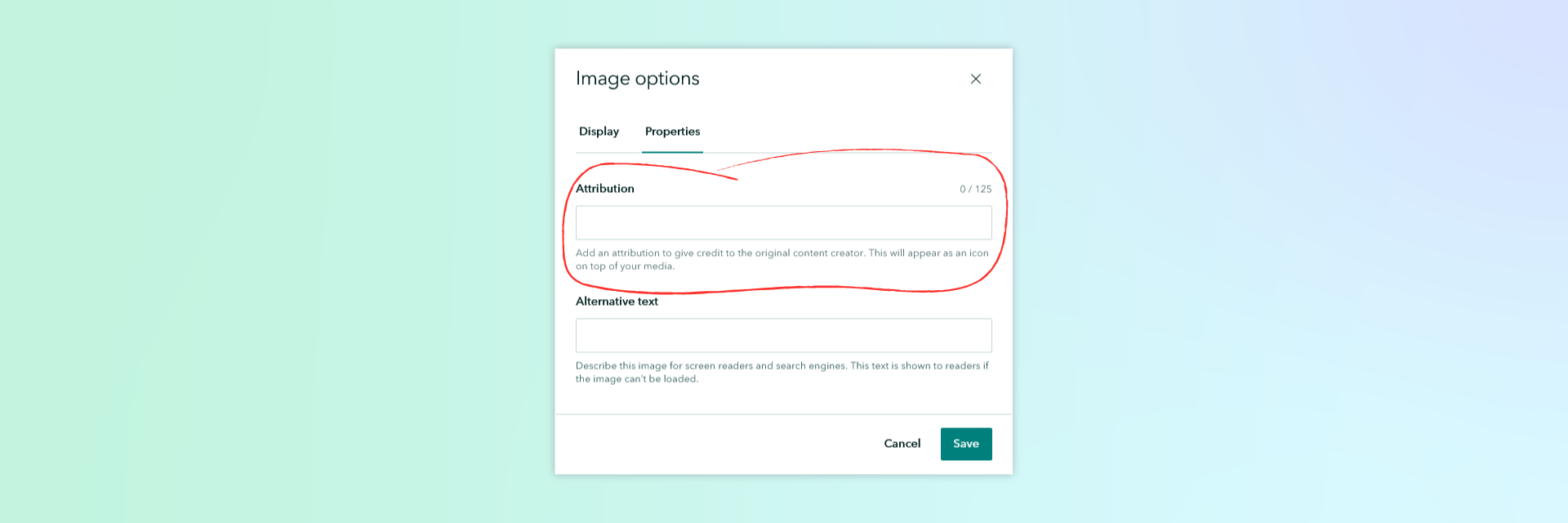 A screenshot of the ArcGIS StoryMaps builder UI, with the "Attribution" option highlighted