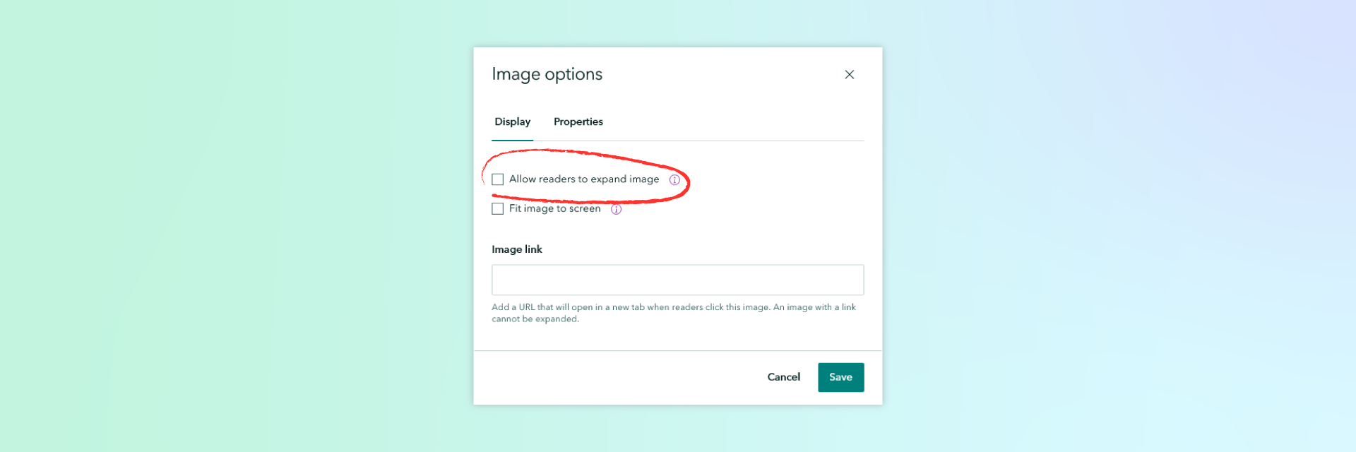 A screenshot of the ArcGIS StoryMaps builder UI, with the "Enable image expansion" option highlighted