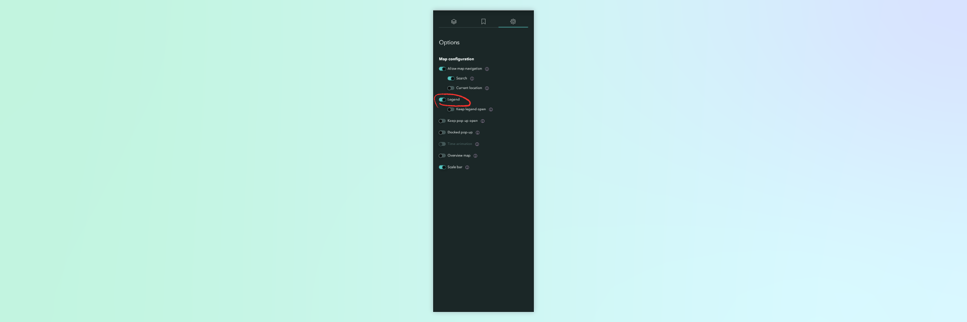 A screenshot of the ArcGIS StoryMaps builder UI, with the "Legend" option in the map editor highlighted