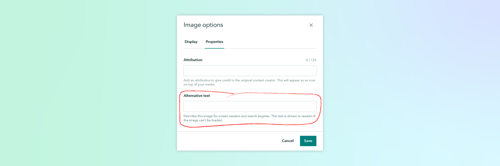 A screenshot of the ArcGIS StoryMaps builder UI, with the "Alternative text" field highlighted