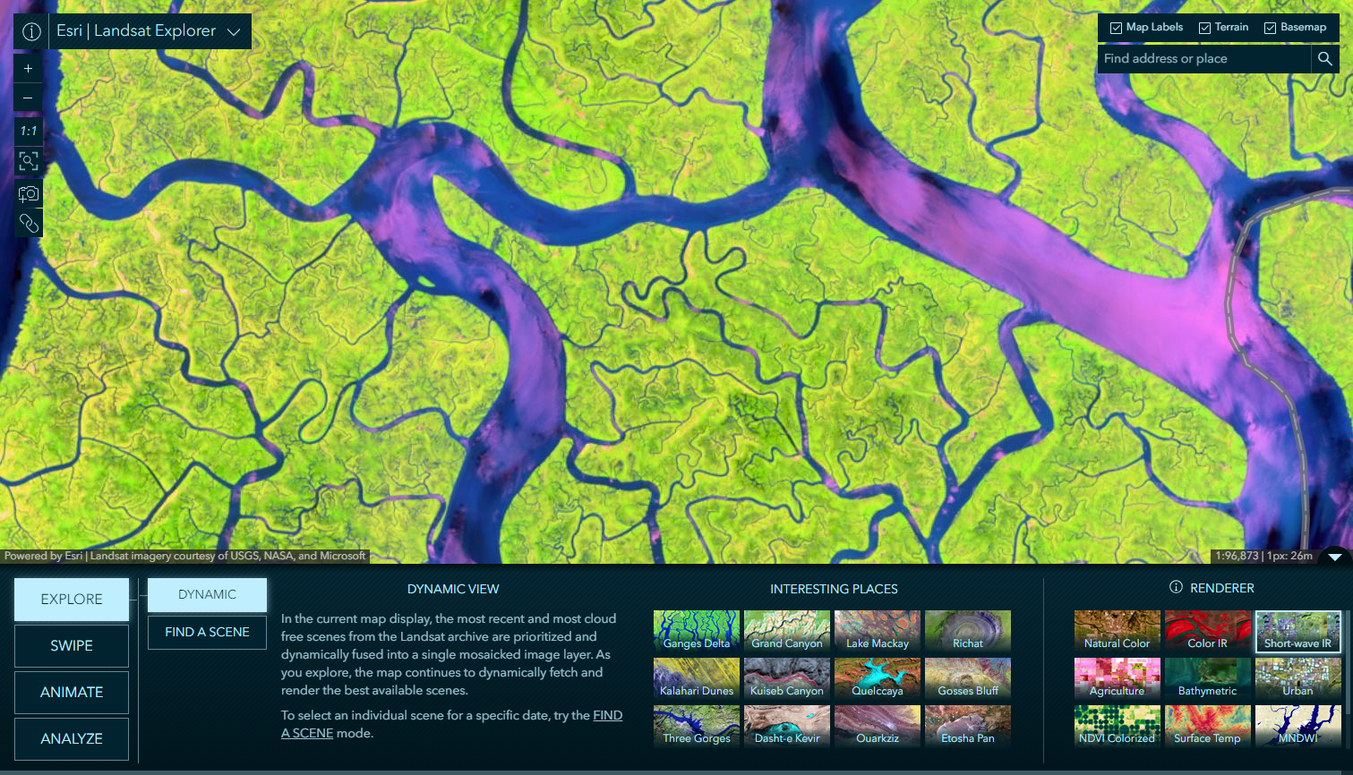 Esri Landsat Explorer app showing imagery of the Ganges Delta
