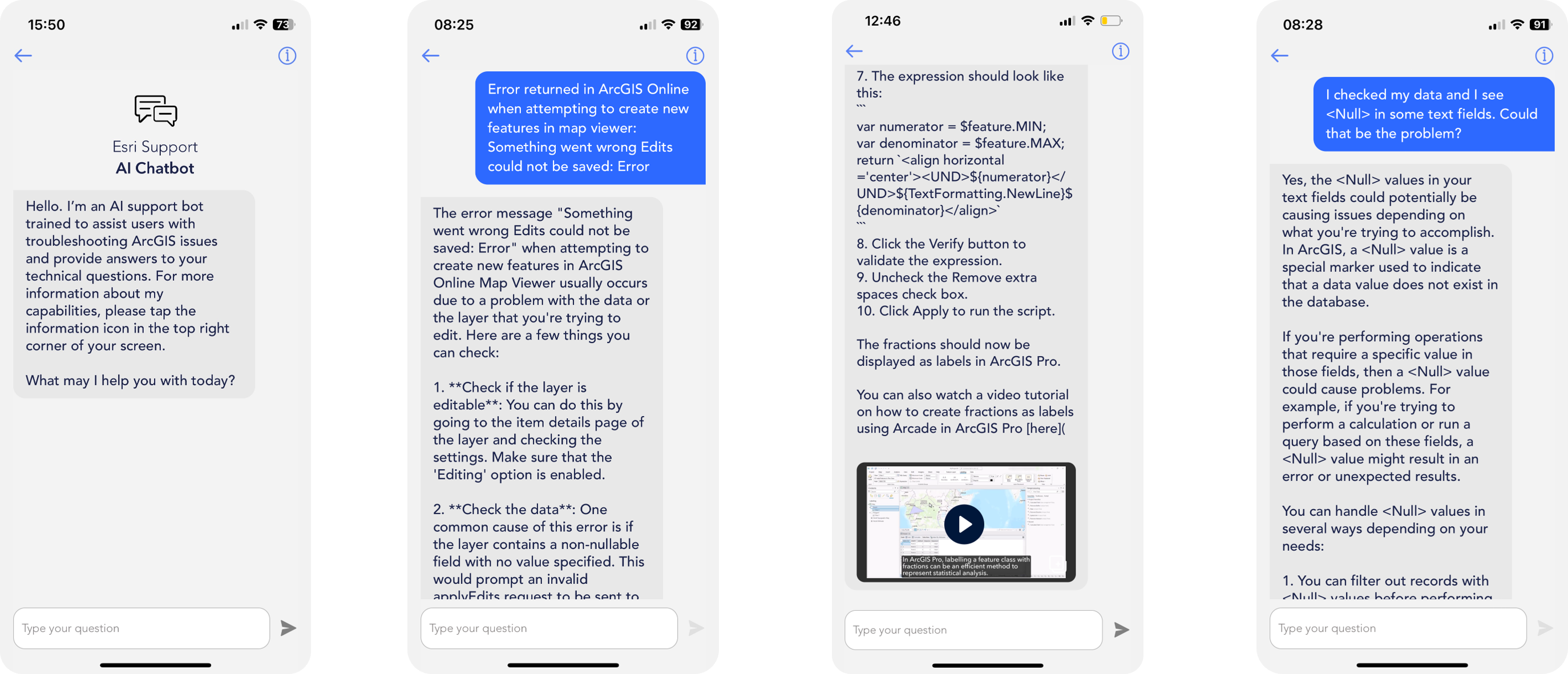 Four screens from the Esri Support app displaying a conversation with the Esri Support AI chatbot
