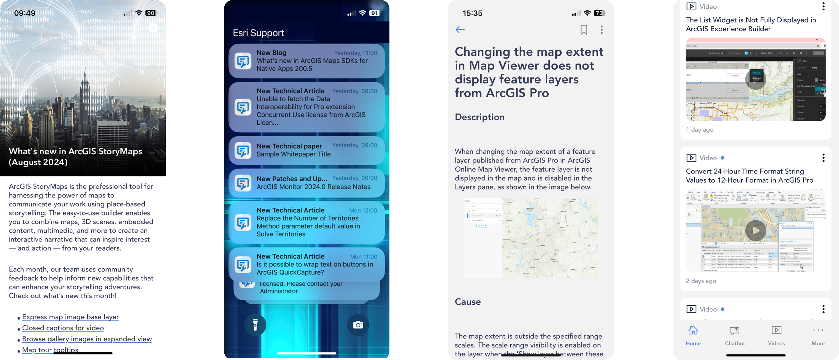 Screens from blogs, notifications, articles, and videos in the Esri Support app