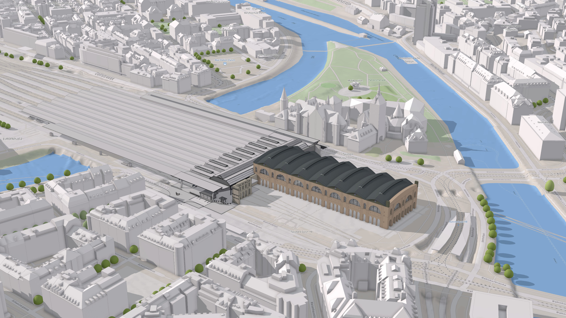 A 3D model of the Zurich train station is visualized in the global scene in Scene Viewer.