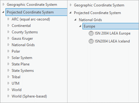 Unfiltered and filtered coordinate system list