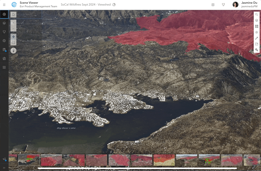 Perform Viewshed Analysis to find best camera locations in Bear Lake area to observe fire progress in Line Fire