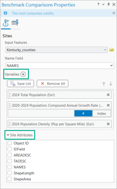 Options for adding variables and site attributes in BA Pro