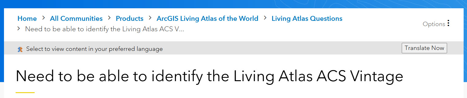 Screenshot of Esri Community post of user asking for vintage to be more visible.