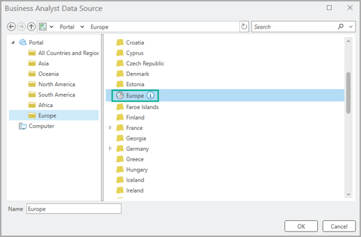 Set the data source to Europe in Business Analyst Pro