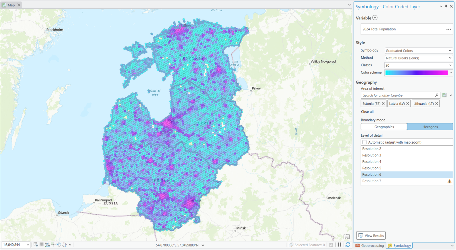 Baltic states mapped with Resolution 6 hexagons