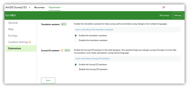 Enable Survey123 Extensions
