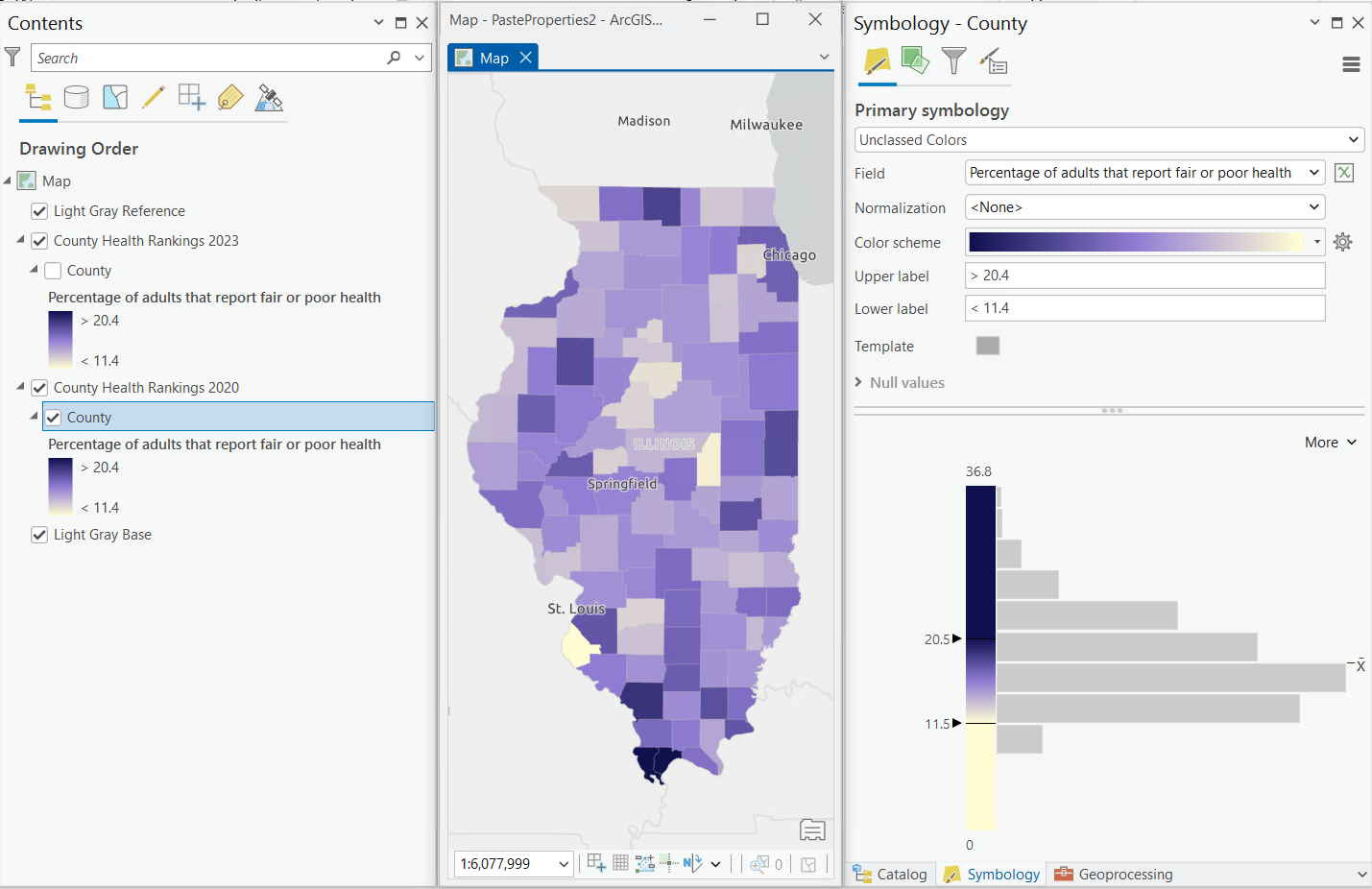 The 'County Health Rankings 2023' layer symbology properties (top image) are pasted to the 2020 layer (bottom image).