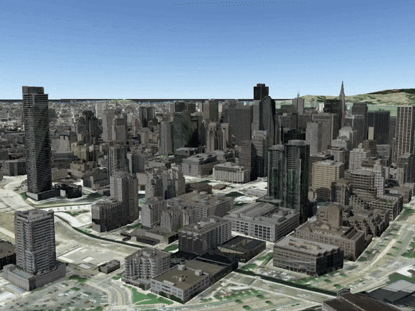 A scene of downtown San Francisco transitions from day to night. Shadows display on the buildings as the sun lowers, the sky turns orange at sunset, and a realistic starry night sky appears after dark.